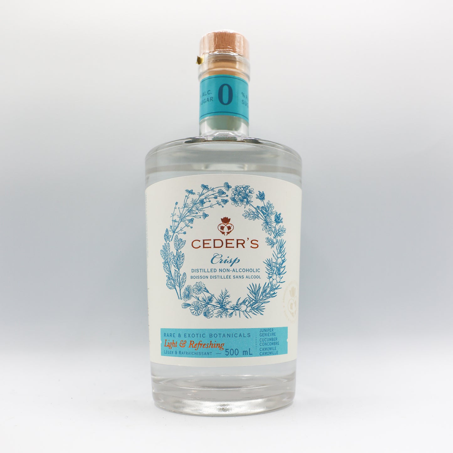 Boisson distillée sans alcool genièvre, concombre, camomille